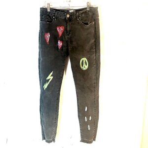 Paige Jeans Size 31 Black Denim Pants Hand Painted Hearts Emoji Lightening Bolts
